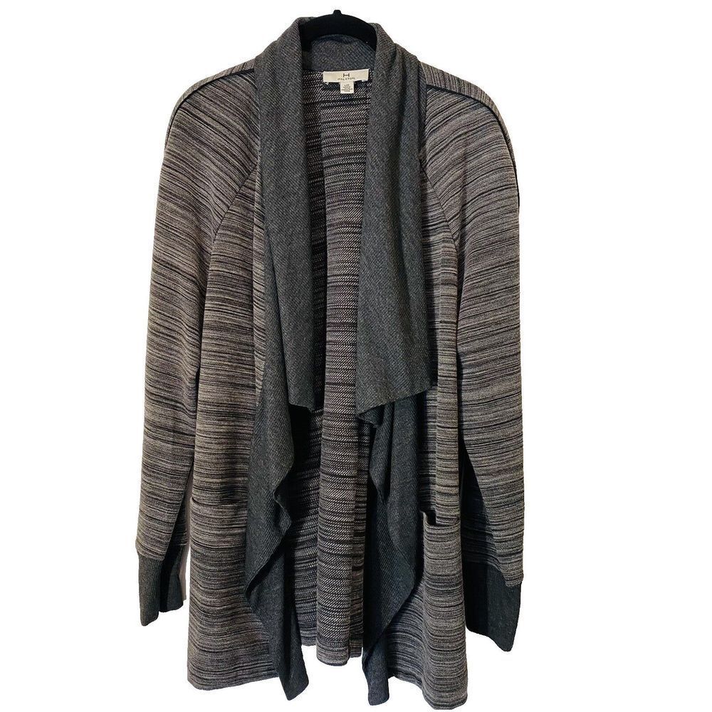 H Halston Women's Size Large Cardigan Knit Gray Open-Front Cascade Pockets